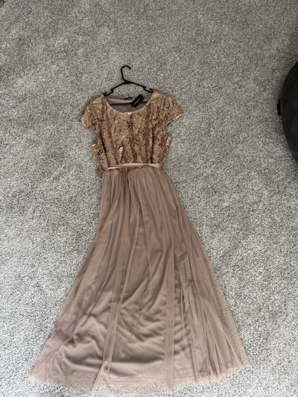 Sequin Embellished Taupe Maxi Dress with Tulle Skirt